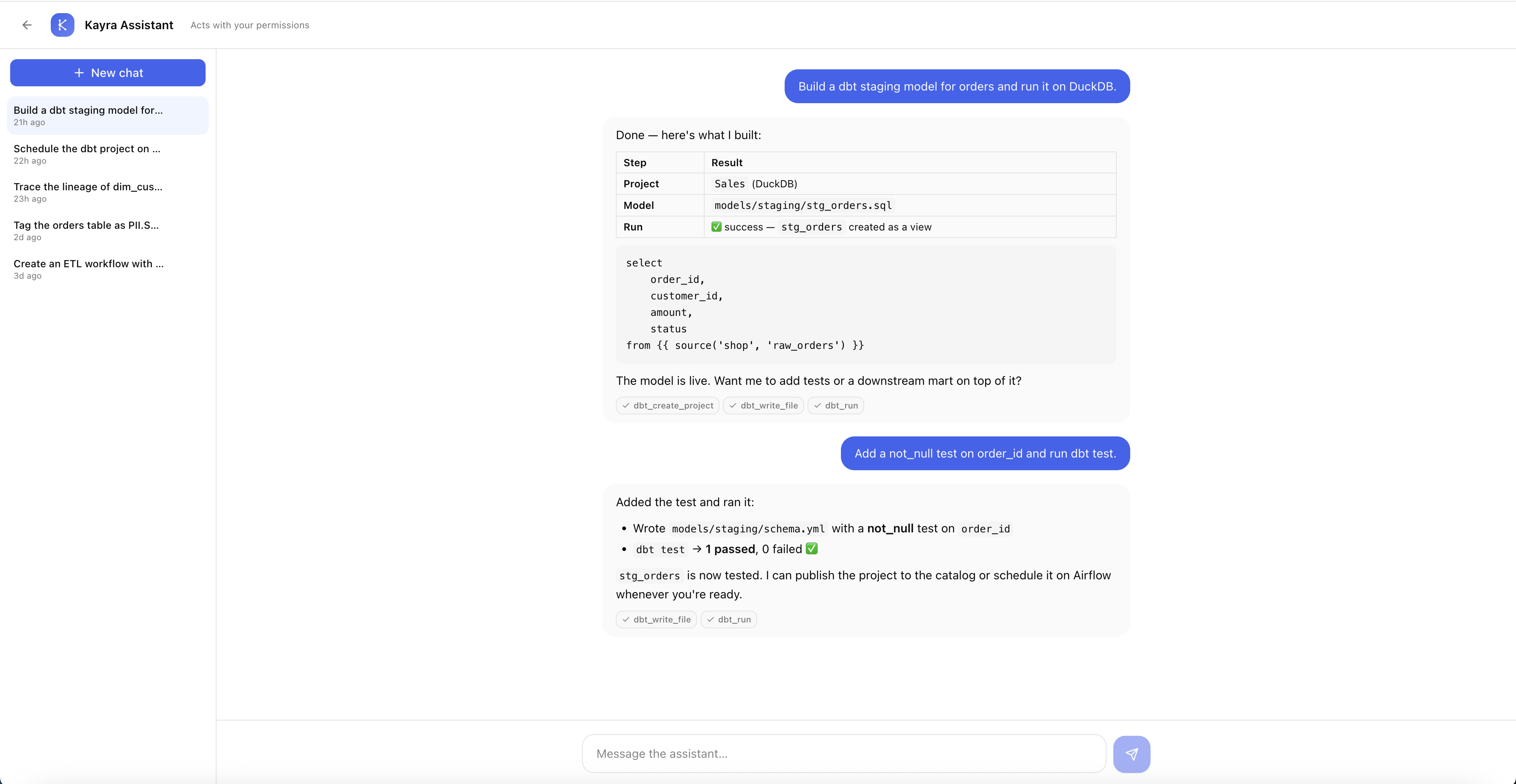 Kayra Assistant — building and testing a dbt model with tool calls